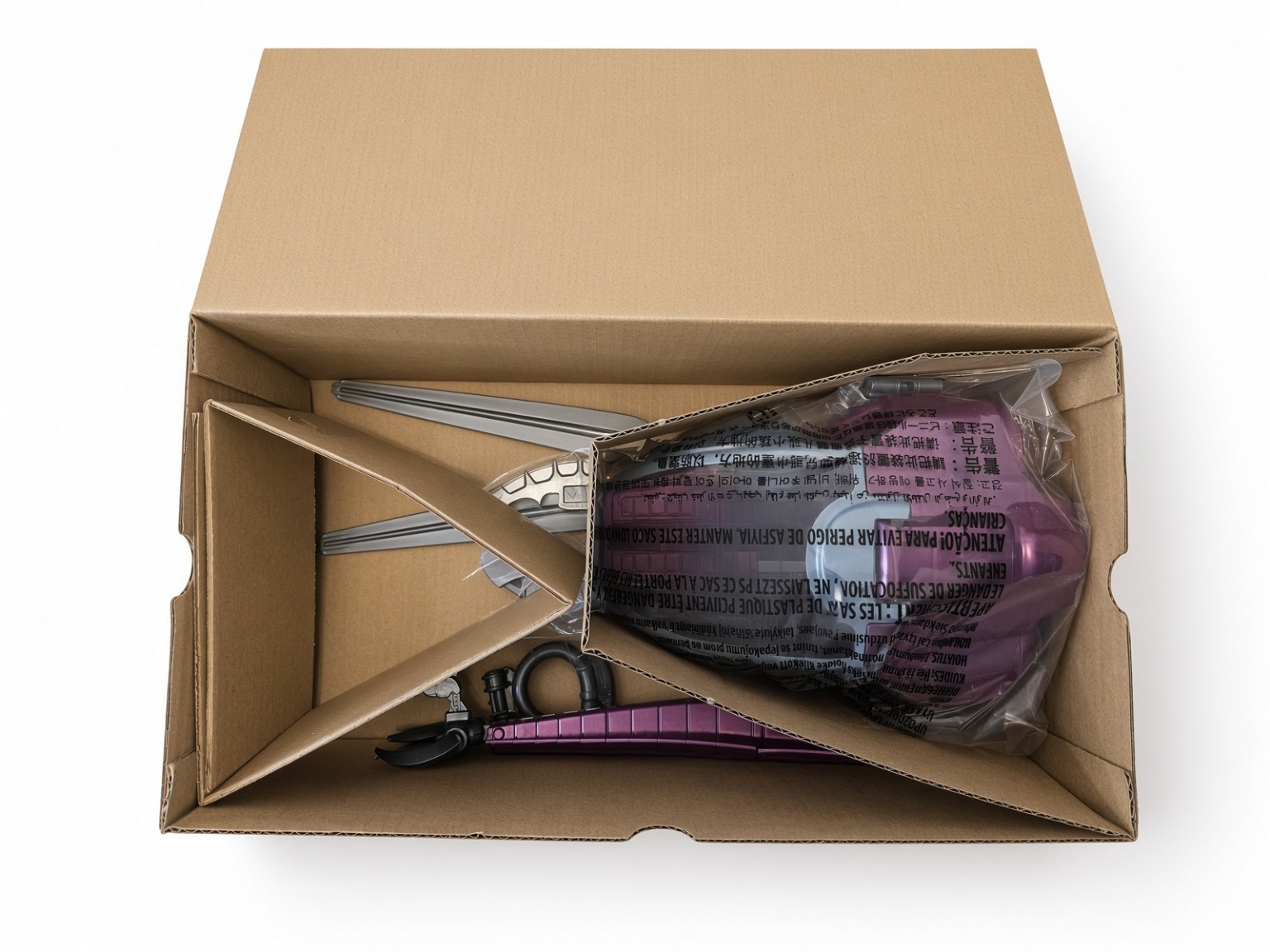 Opened shipping tray with Fright Fighter toy components secured in cardboard dividers.