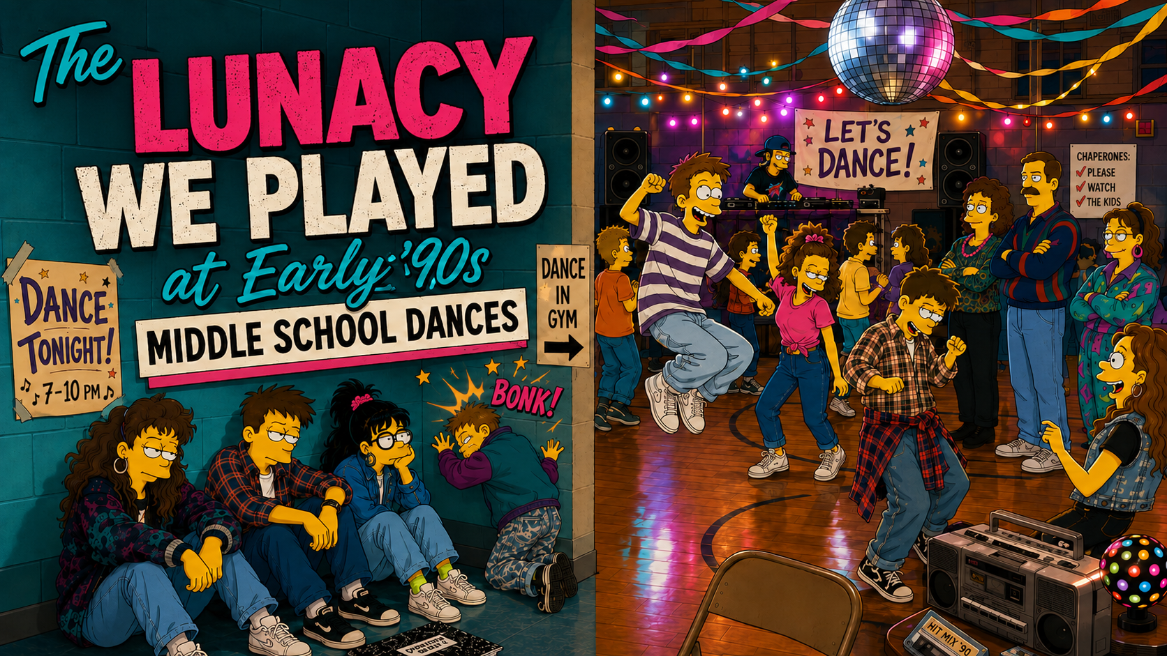 Animated early ’90s middle-school dance with students dancing inside a decorated gym while outcasts sit in the hallway