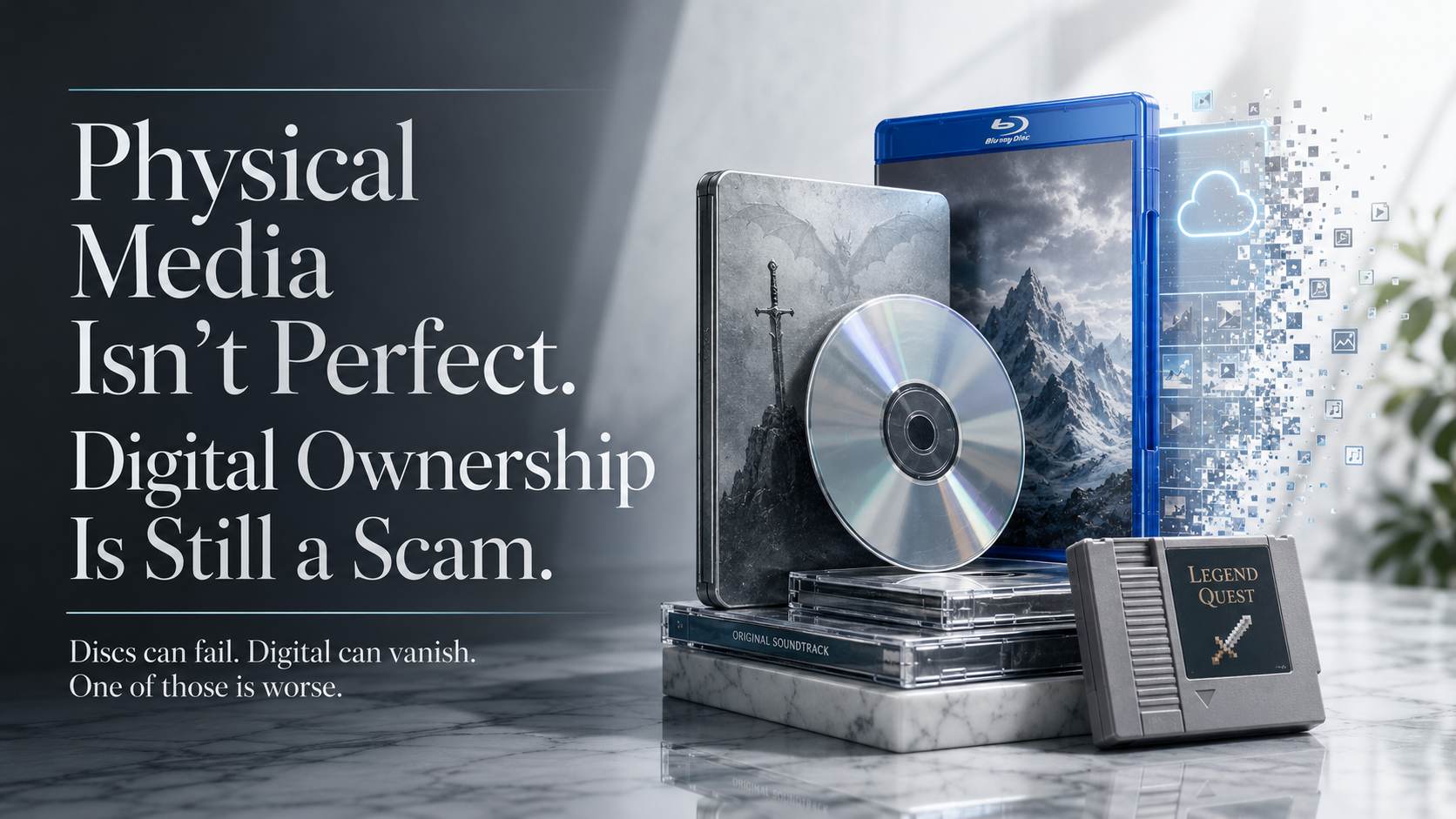 Physical media and digital ownership editorial hero artwork