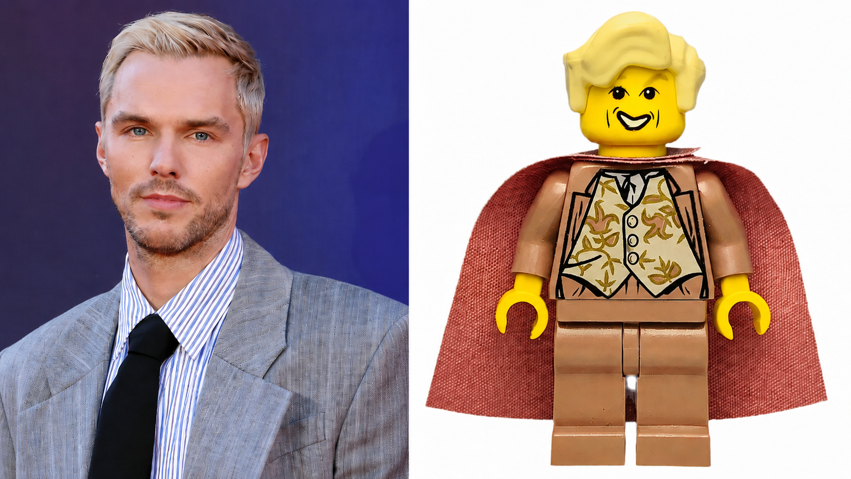 Nicholas Hoult beside a LEGO Gilderoy Lockhart minifigure, representing Hoult’s casting in HBO’s Harry Potter series.