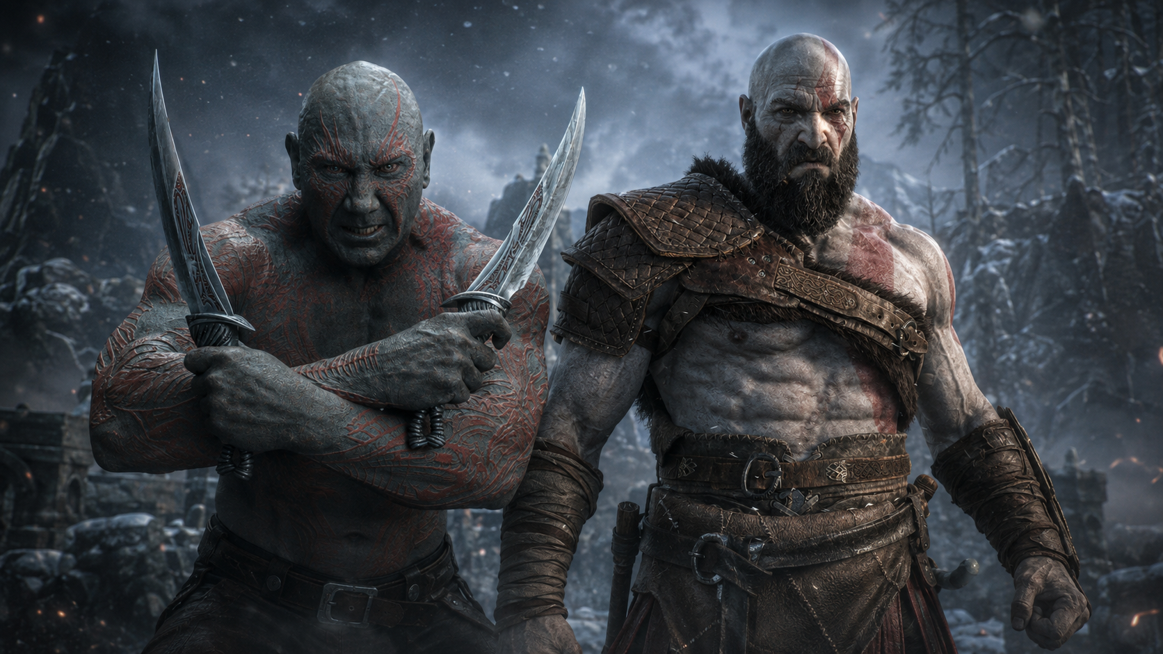 Dave Bautista as Drax stands beside Kratos in a snowy battlefield scene.