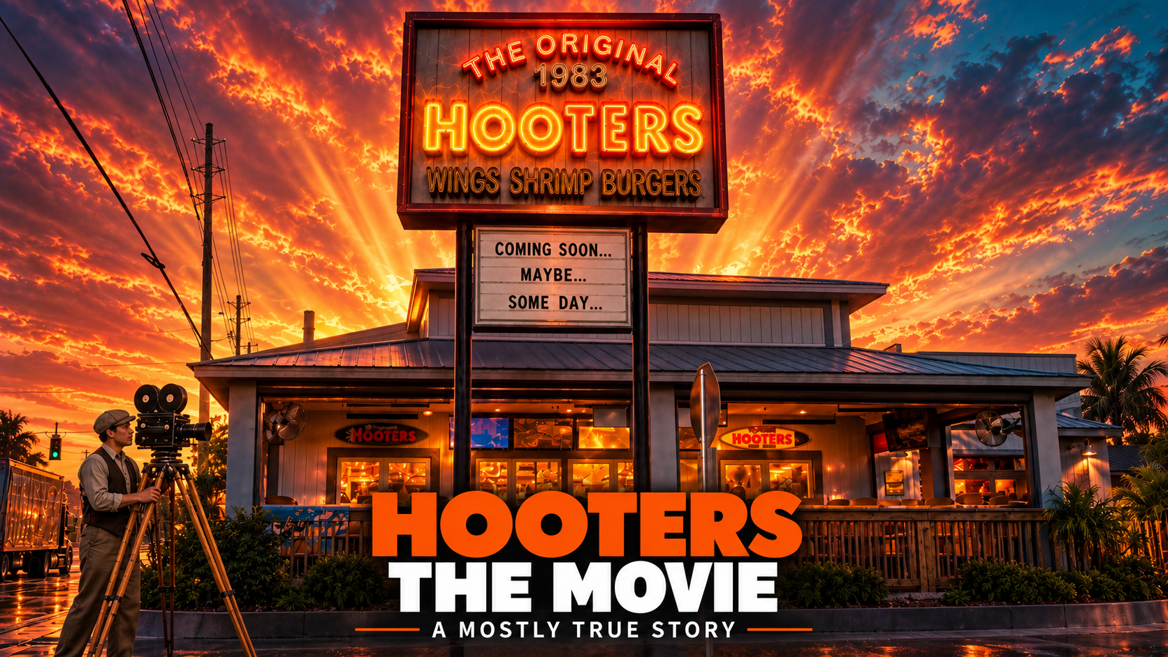 Hooters: The Movie parody poster showing the original Hooters restaurant beneath a dramatic orange sky with a film camera and the words A Mostly True Story