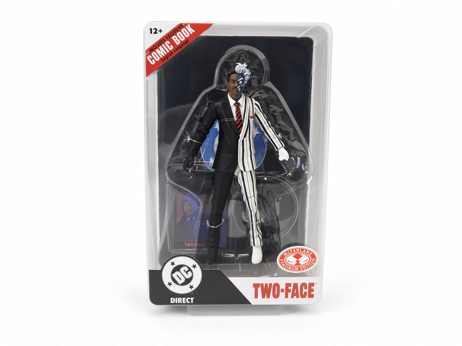 McFarlane DC Direct Batman ’89 Two-Face Red Platinum Edition sealed in Page Punchers packaging with the included comic visible behind the figure