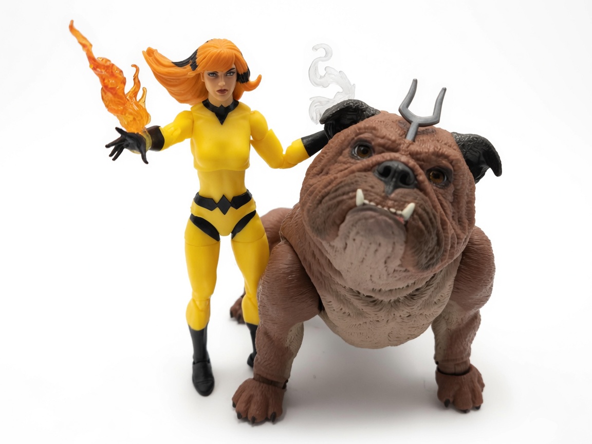 Marvel Legends Crystal using elemental effects beside the oversized Lockjaw figure